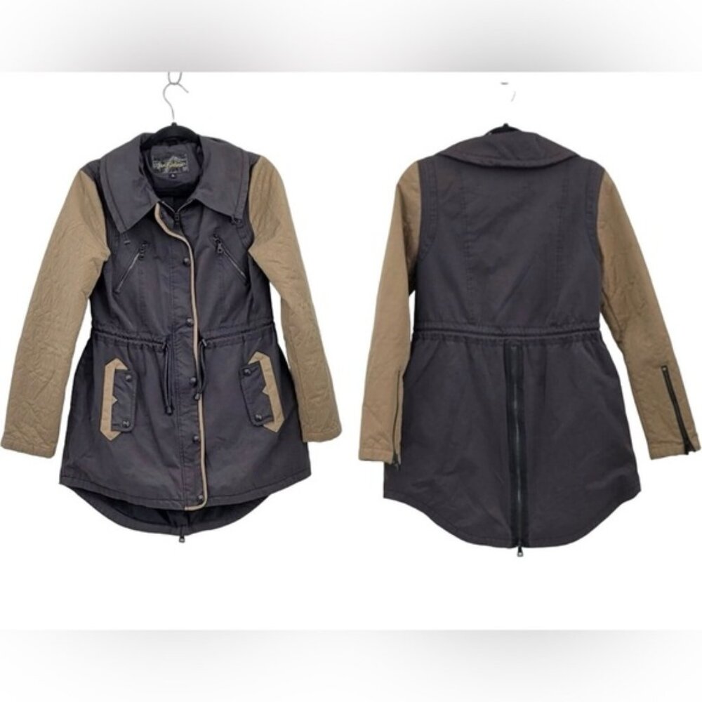 Sam Edelman Black and Tan Jacket with Quilted Sleeves & Zipper Detail - Womens S